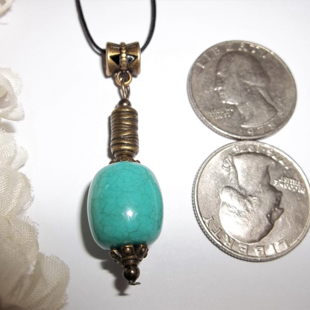 Necklace Pendant Turquoise Blue and Bronze Beaded Boho Southwestern Jewelry A106 - Picture 2 of 9